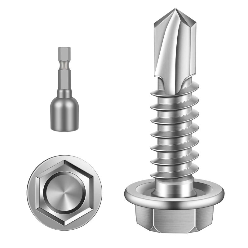 MewuDecor #14 x 1 (3/4" to 3" Available) Hex Washer Head Self Drilling Sheet Metal Screws with Drill Point, Stainless Steel 410, Pack of 50 - Image 1